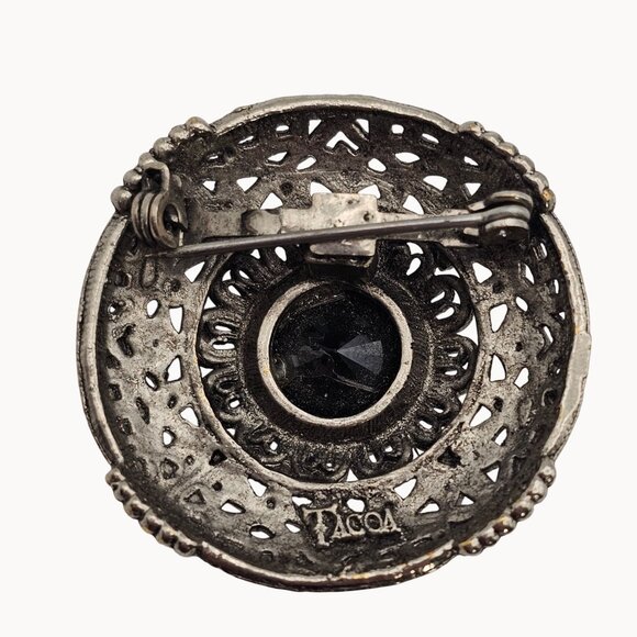 VTG Brooch Tacoa Signed Cabochon Black Rhinestone SilverTone Filigree Whimsygoth - Picture 5 of 12